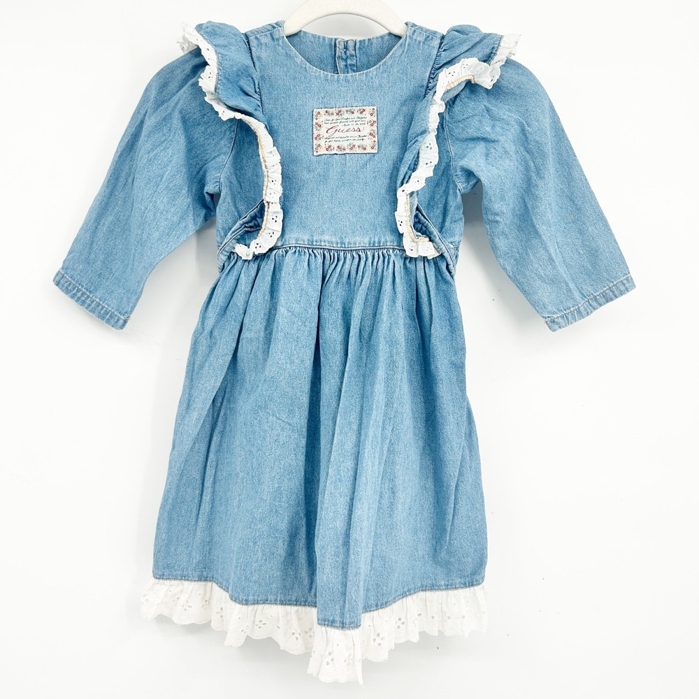 Guess Girls Vintage 90s Denim‎ Eyelet Lace Ruffle Prairie Dress 5Y Made in USA